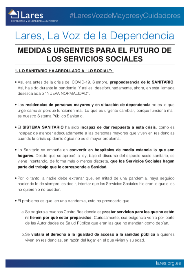 Lares La Voz de la Dependencia. Medidas urgentes para el futuro de los Servicios Sociales